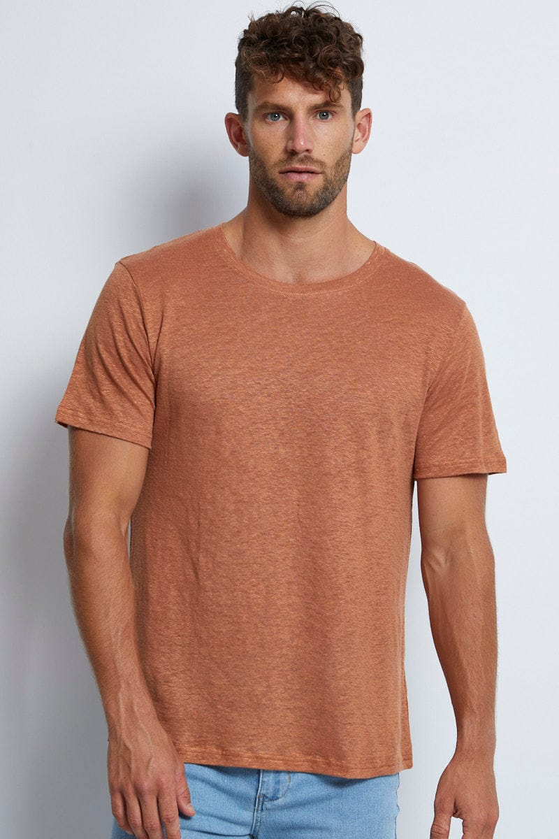 BASIC Camel Linen T-Shirt Crew Neck Short Sleeve for Women by Ally