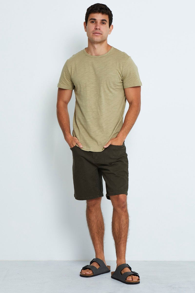 BASIC Green Cotton T-Shirt Slub Crew Neck Short Sleeve for Women by Ally