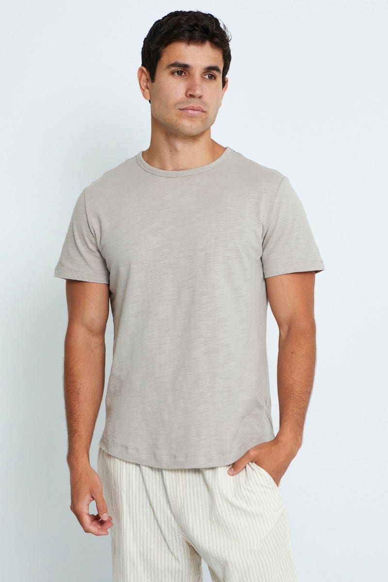 BASIC Grey Cotton T-Shirt Slub Crew Neck Short Sleeve for Women by Ally