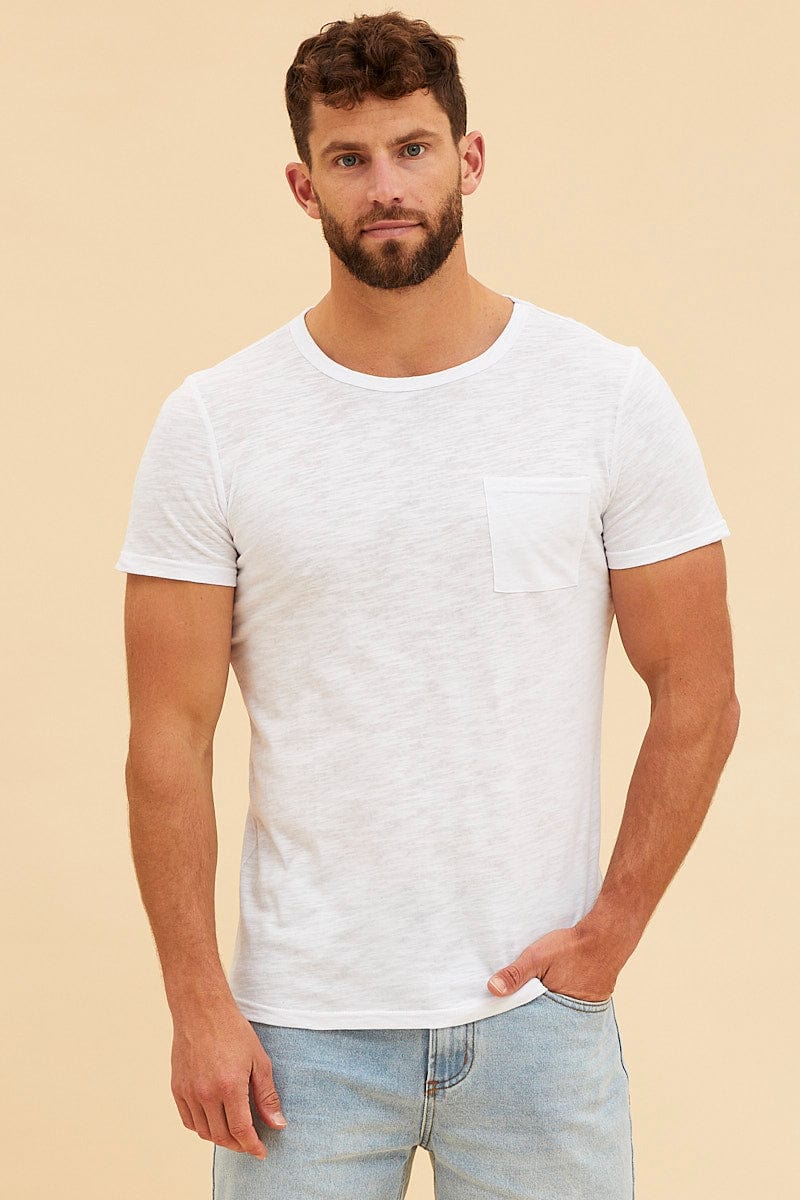 BASIC White Pocket T-Shirt Cotton Slub Crew Neck Regular Fit for Women by Ally
