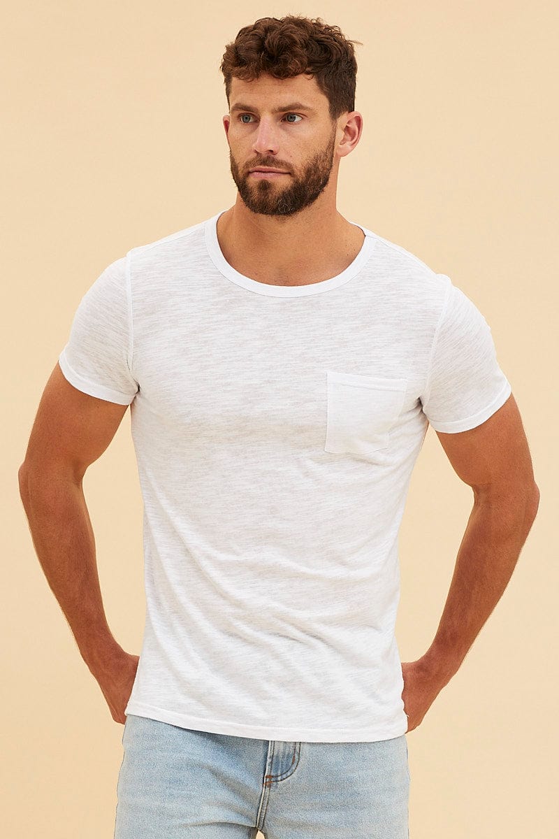 BASIC White Pocket T-Shirt Cotton Slub Crew Neck Regular Fit for Women by Ally