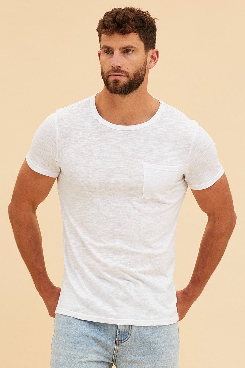White Pocket T-Shirt Cotton Slub Crew Neck Regular Fit