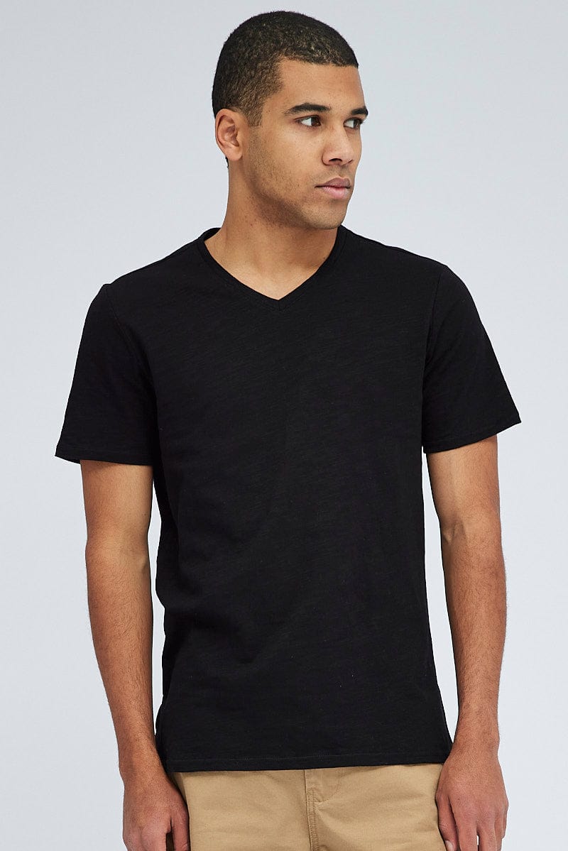 Black V Neck T-Shirt Cotton Slub Regular Fit for AM Supply
