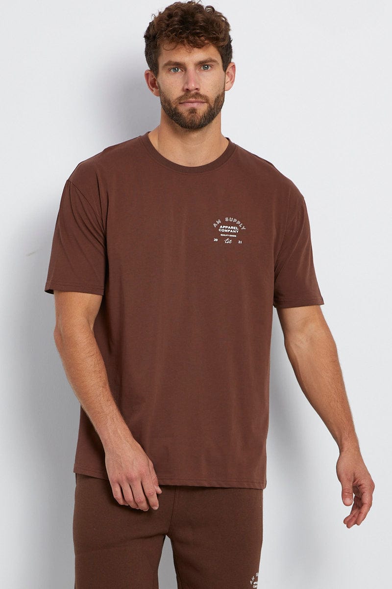 GRAPHIC Brown Cotton T-Shirt Logo Crew Neck Short Sleeve for Women by Ally