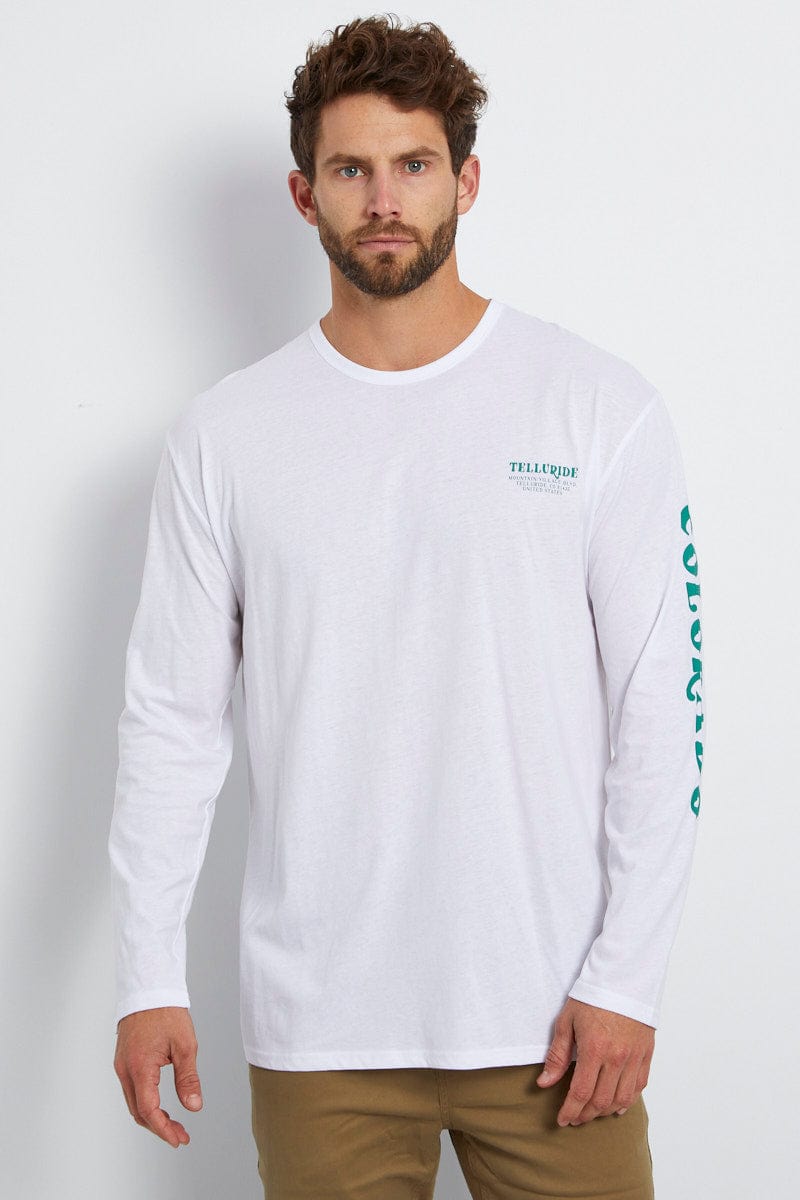 GRAPHIC White Graphic T-Shirt Long Sleeve Crew Neck Colorado for Men by AM Supply