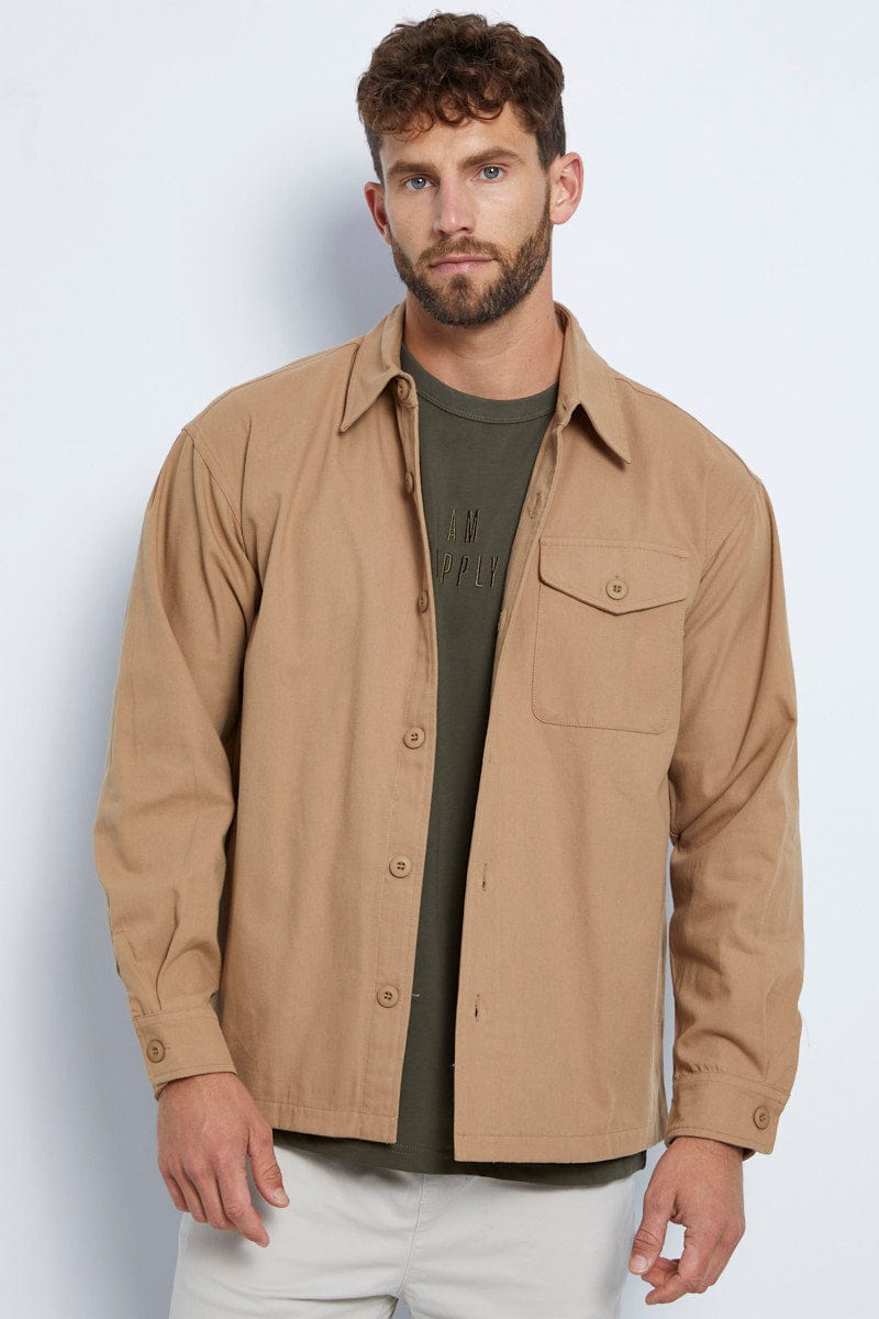 Shirt Beige Brown Jacket Men's Shirt Jacket Cotton Canvas Long