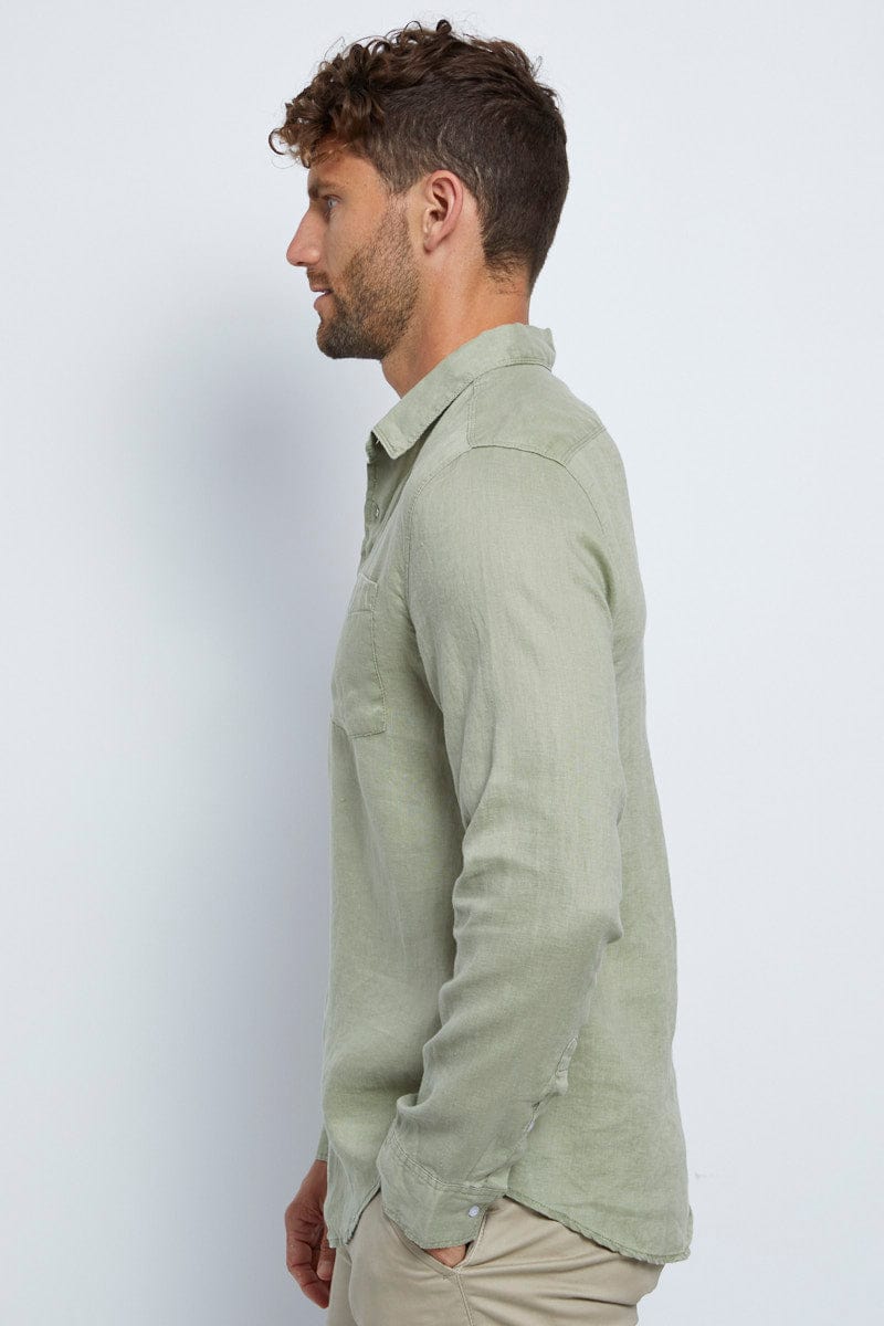 LONG SLEEVE Green Linen Shirt Long Sleeve Slim Fit Button Up for Women by Ally