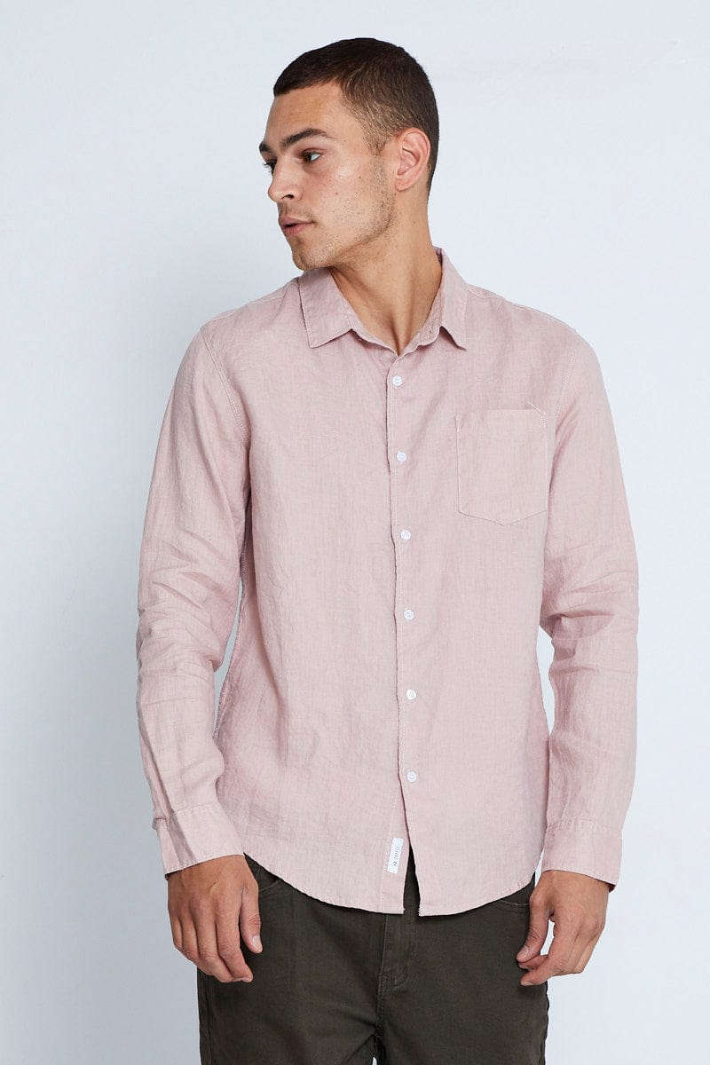 LONG SLEEVE Pink Linen Shirt Long Sleeve Slim Fit Button Up for Women by Ally