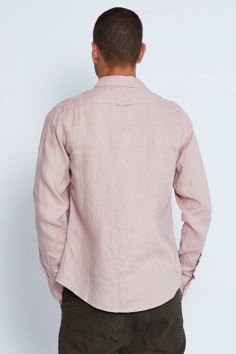 LONG SLEEVE Pink Linen Shirt Long Sleeve Slim Fit Button Up for Women by Ally