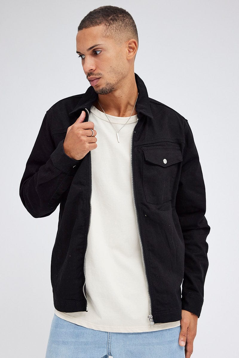 Black Jacket Long Sleeve Collared Button Up Relaxed Fit for AM Supply