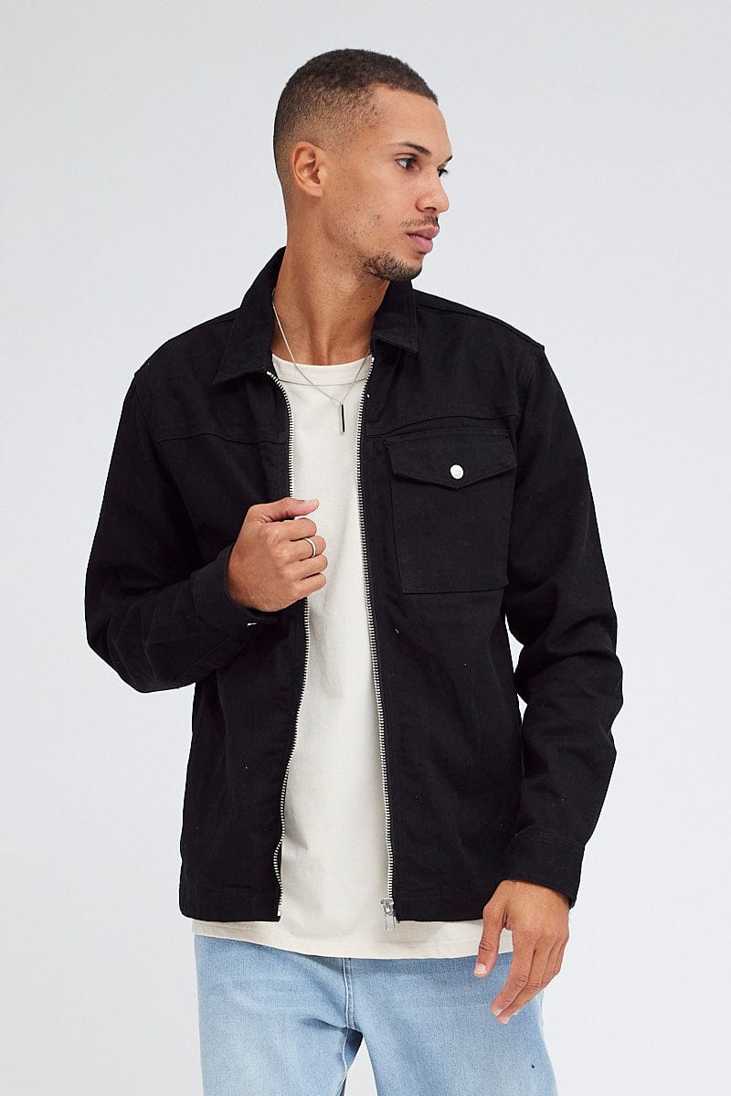 Black Jacket Long Sleeve Collared Button Up Relaxed Fit for AM Supply