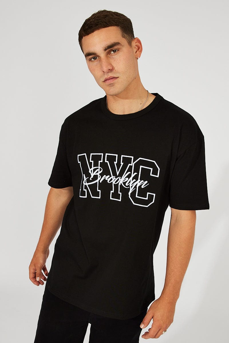 Black Graphic Tee NYC Embroidered Slogan T-Shirt for AM Supply
