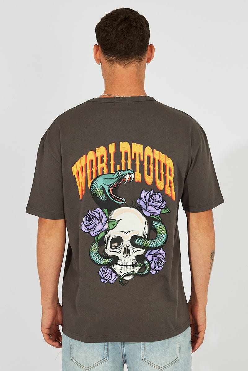 Grey Graphic Tee World Tour Snake Skull Tattoo T-shirt for AM Supply