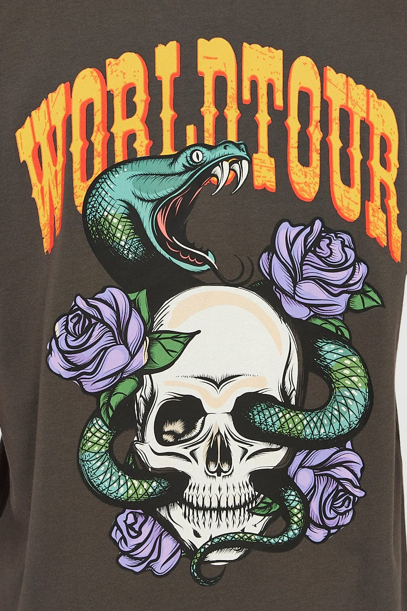 Grey Graphic Tee World Tour Snake Skull Tattoo T-shirt for AM Supply