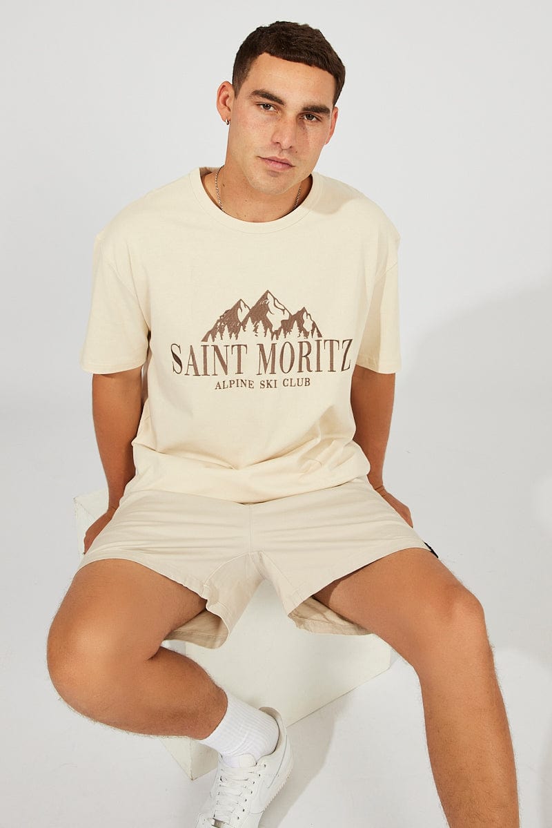 Beige Embroidered Tee Mountain Alpine Slogan T-shirt for AM Supply