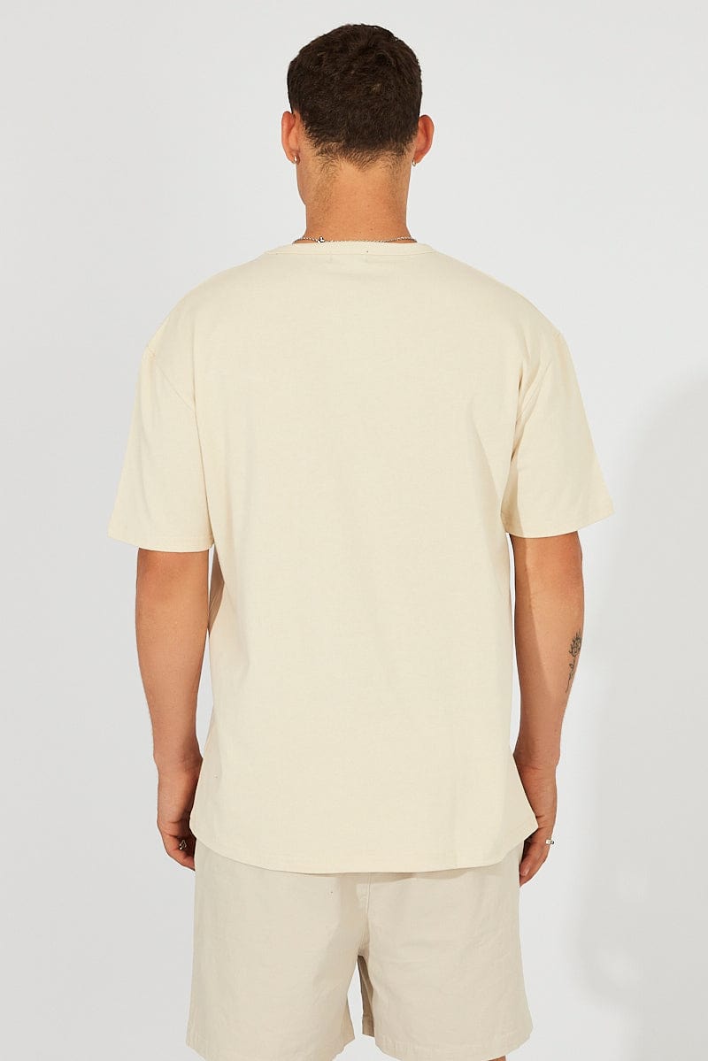 Beige Embroidered Tee Mountain Alpine Slogan T-shirt for AM Supply
