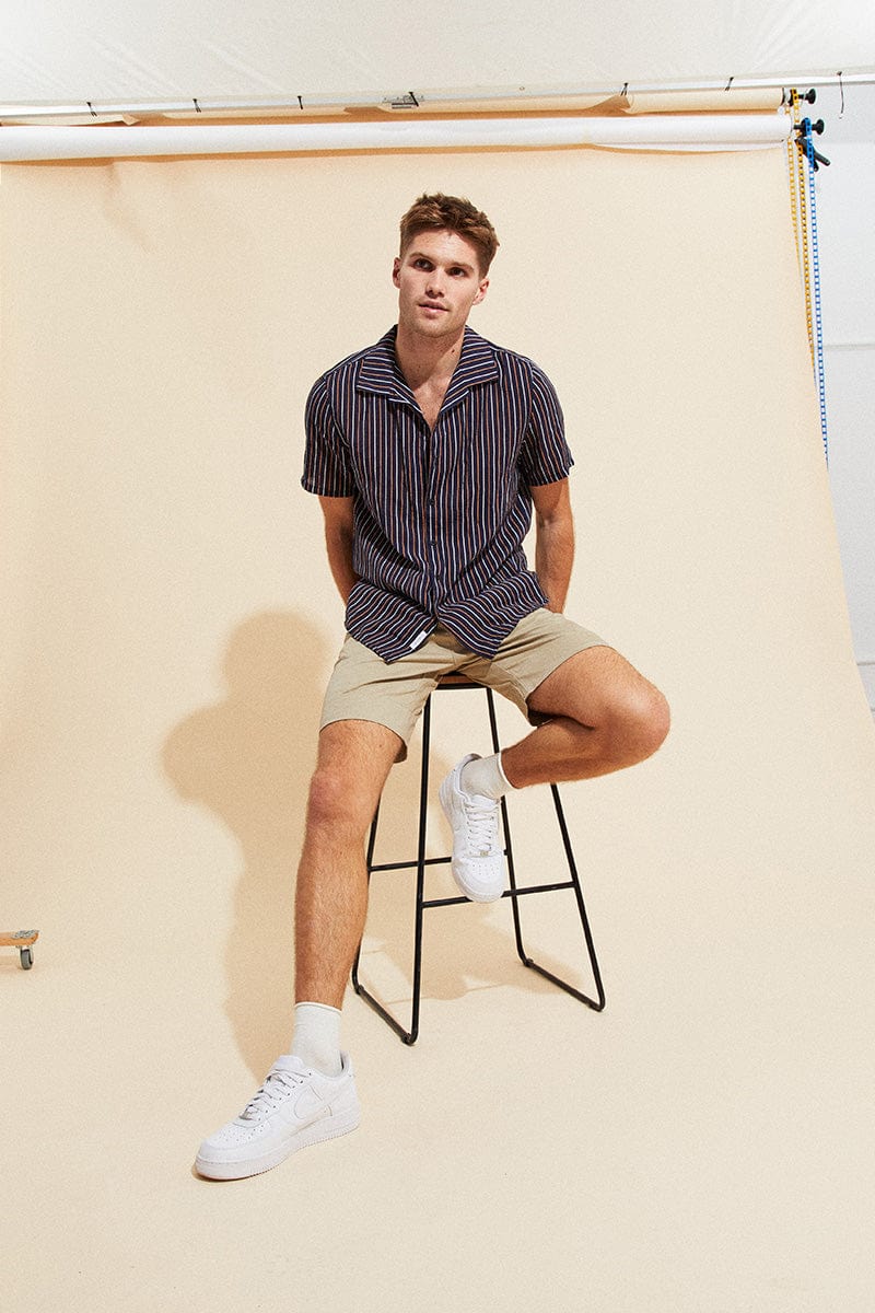 Stripe Short Sleeve Shirt Resort Collar Relaxed Fit