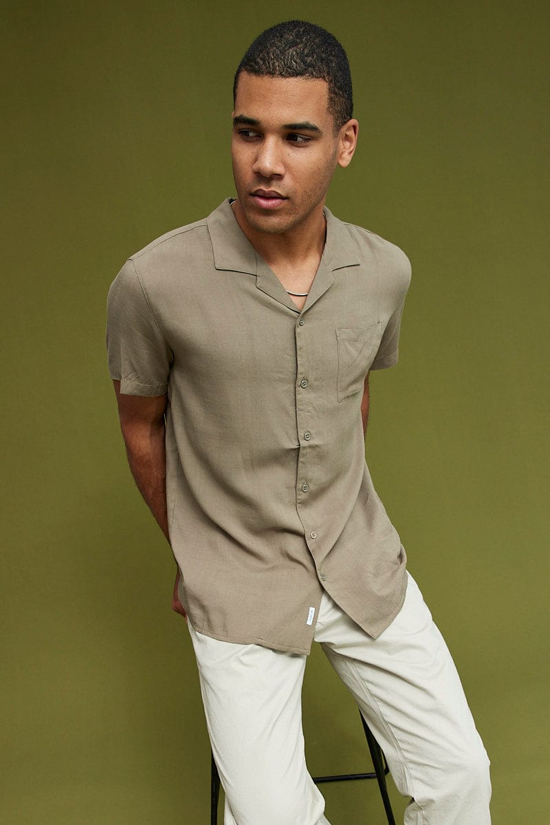 Brown Viscose Shirt Short Sleeve Relaxed Fit for AM Supply