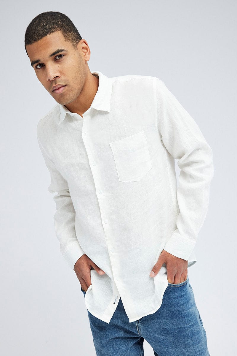 White Linen Shirt Long Sleeve Slim Fit Button Up for AM Supply