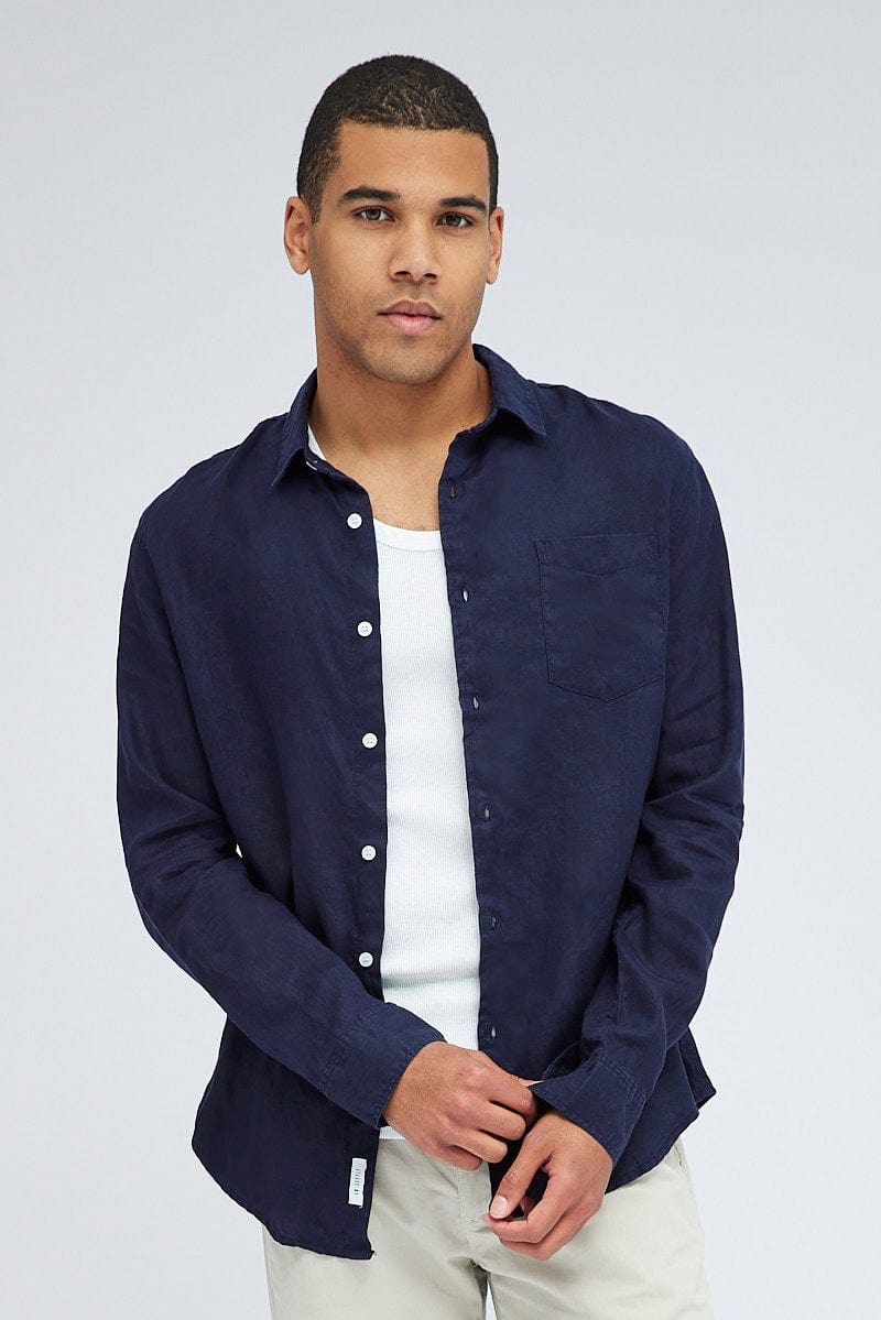 Blue Linen Shirt Long Sleeve Slim Fit Button Up for AM Supply