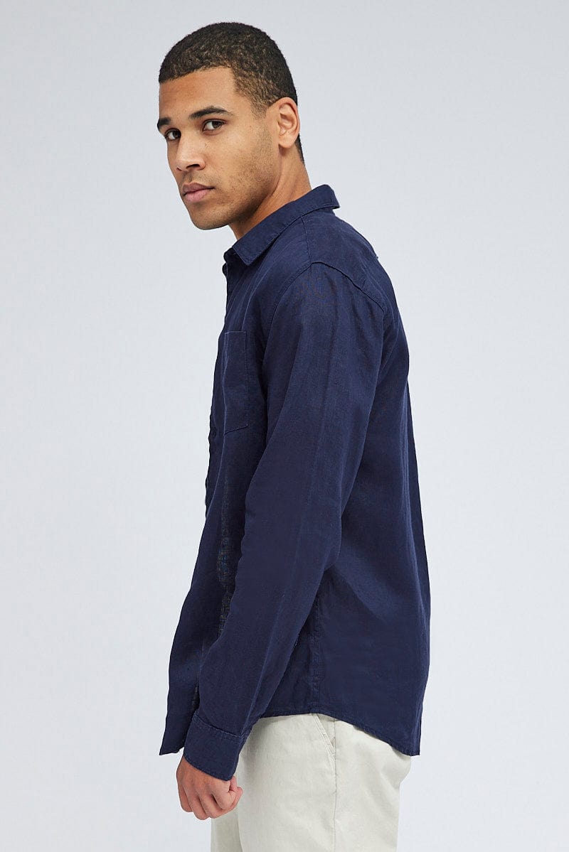 Blue Linen Shirt Long Sleeve Slim Fit Button Up for AM Supply
