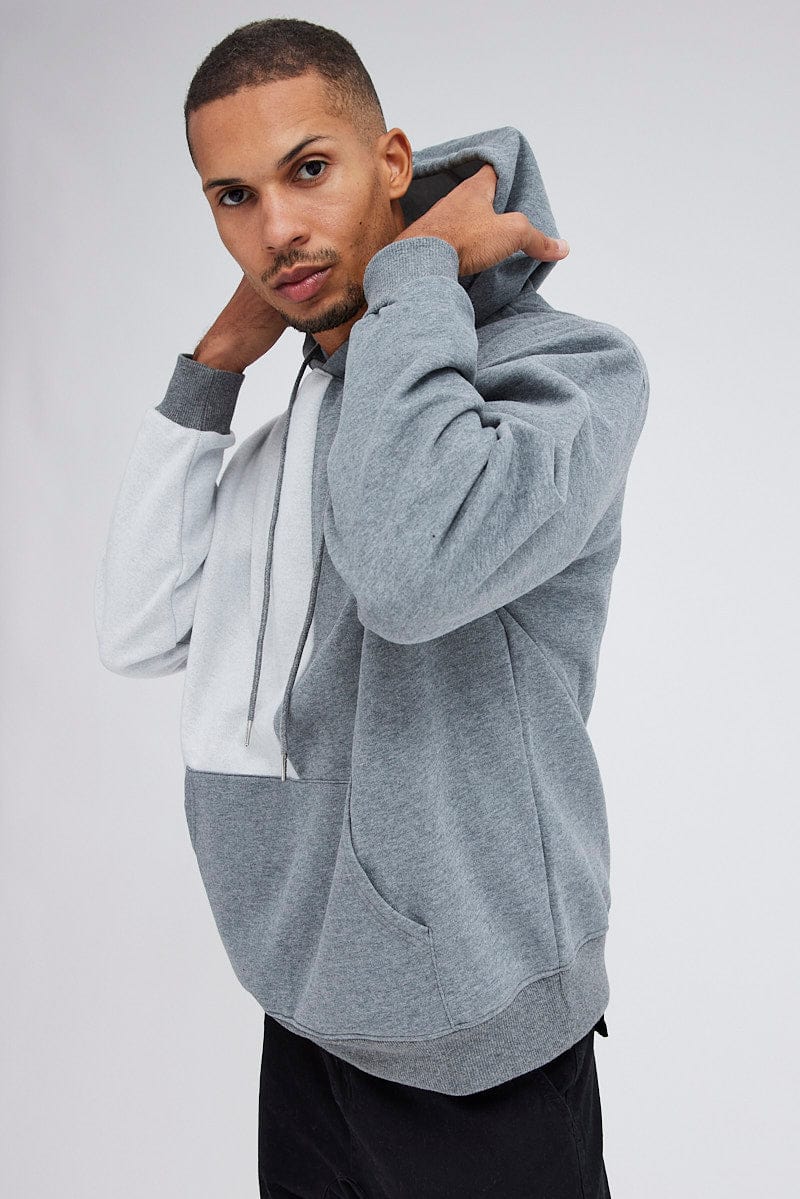 Grey Spliced Hoodie Fleece Long Sleeve Pocket Detail for AM Supply