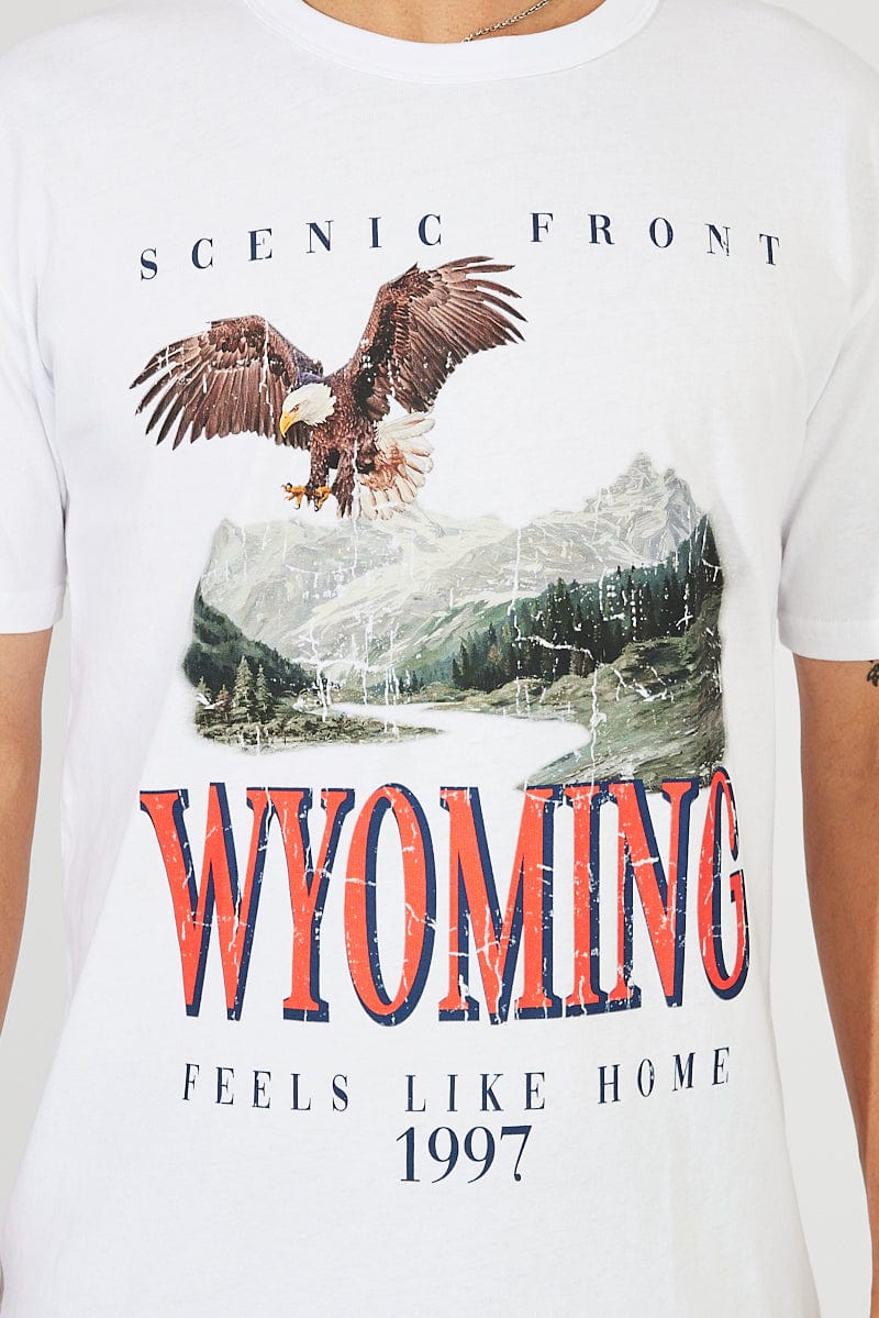 White Graphic Tee Eagle Slogan Box Fit T-shirt for AM Supply