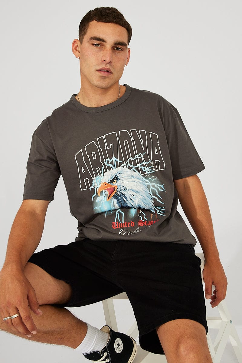 Grey Graphic Tee Eagle Arizona Slogan T-shirt for AM Supply