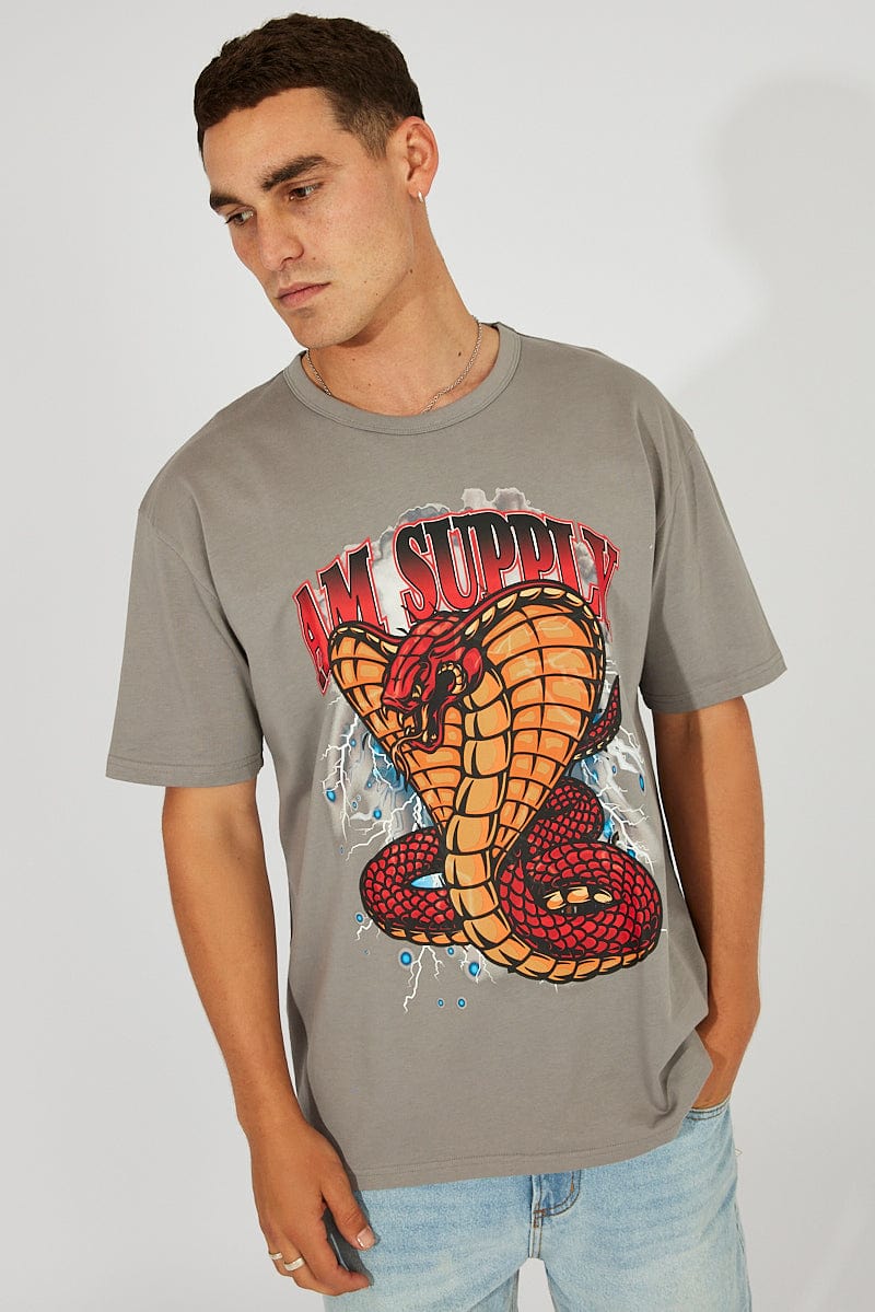 Grey Graphic Tee Cobra Snake Slogan T-shirt for AM Supply