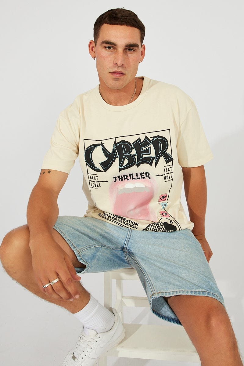 Beige Graphic Tee Cyber Artwork Slogan T-shirt for AM Supply