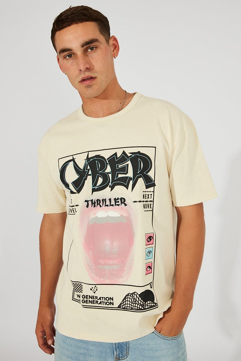 Beige Graphic Tee Cyber Artwork Slogan T-shirt for AM Supply