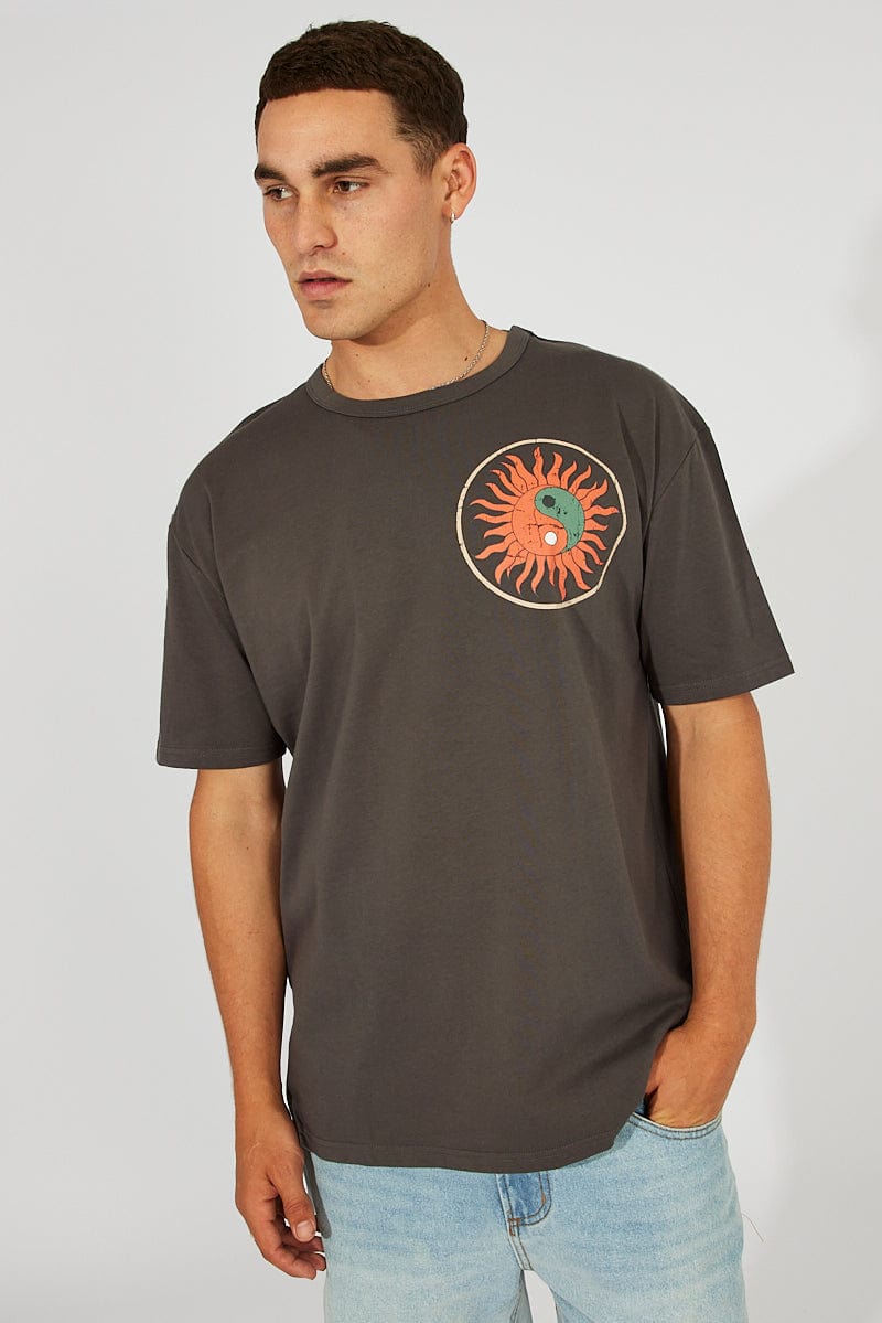 Grey Graphic Tee Trippy Sun Slogan T-shirt for AM Supply