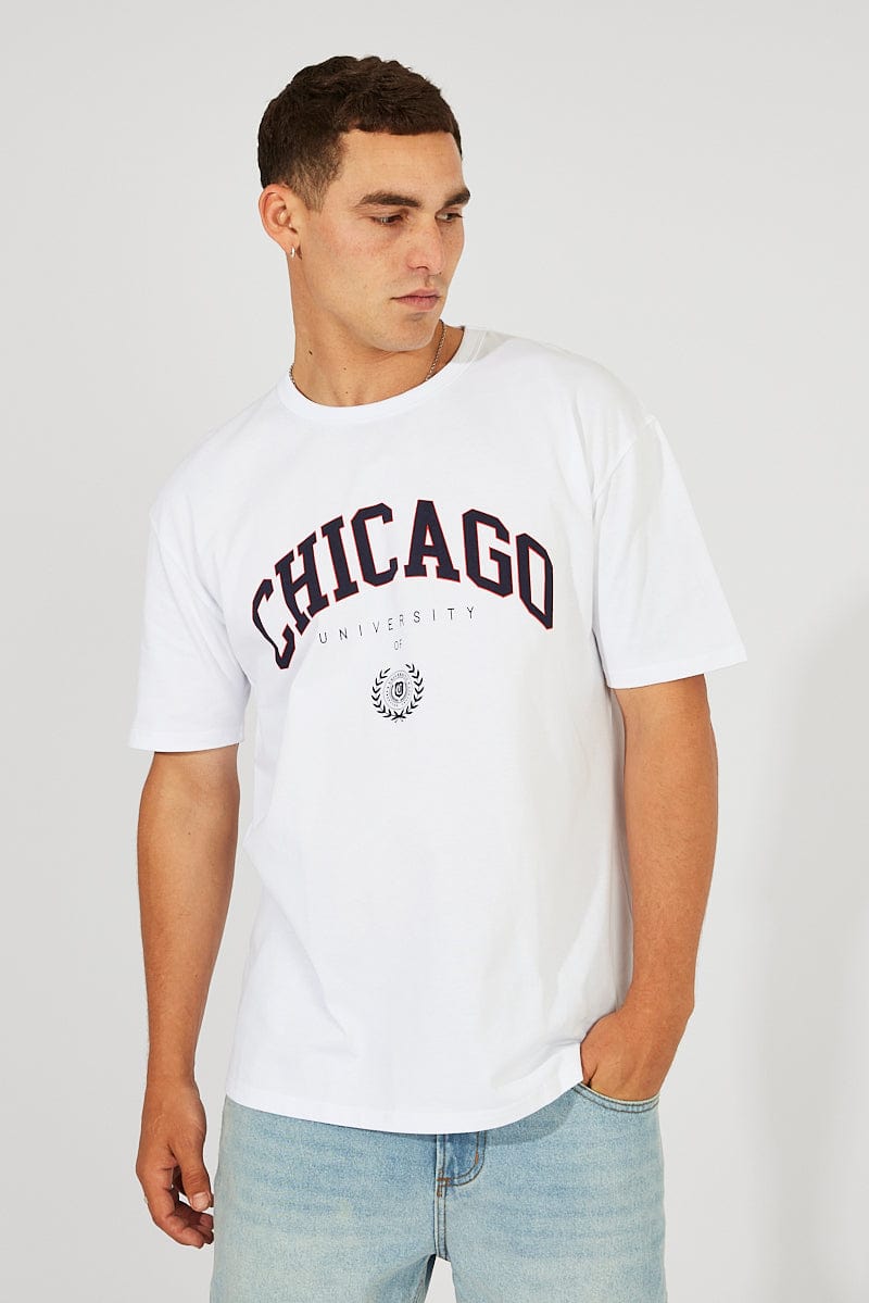 White Graphic Tee Chicago Varsity Slogan t-shirt for AM Supply