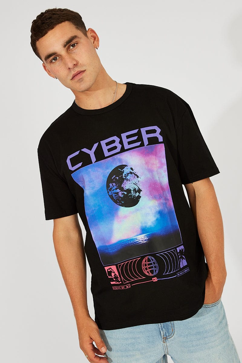 Black Graphic Tee Cyber Futuristic Slogan T-shirt for AM Supply