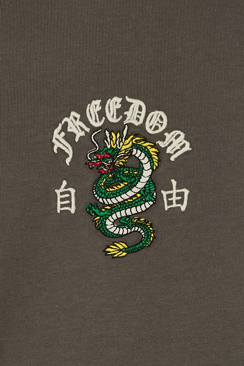 Grey Embroidered Tee Graphic Dragon Motif T-shirt for AM Supply