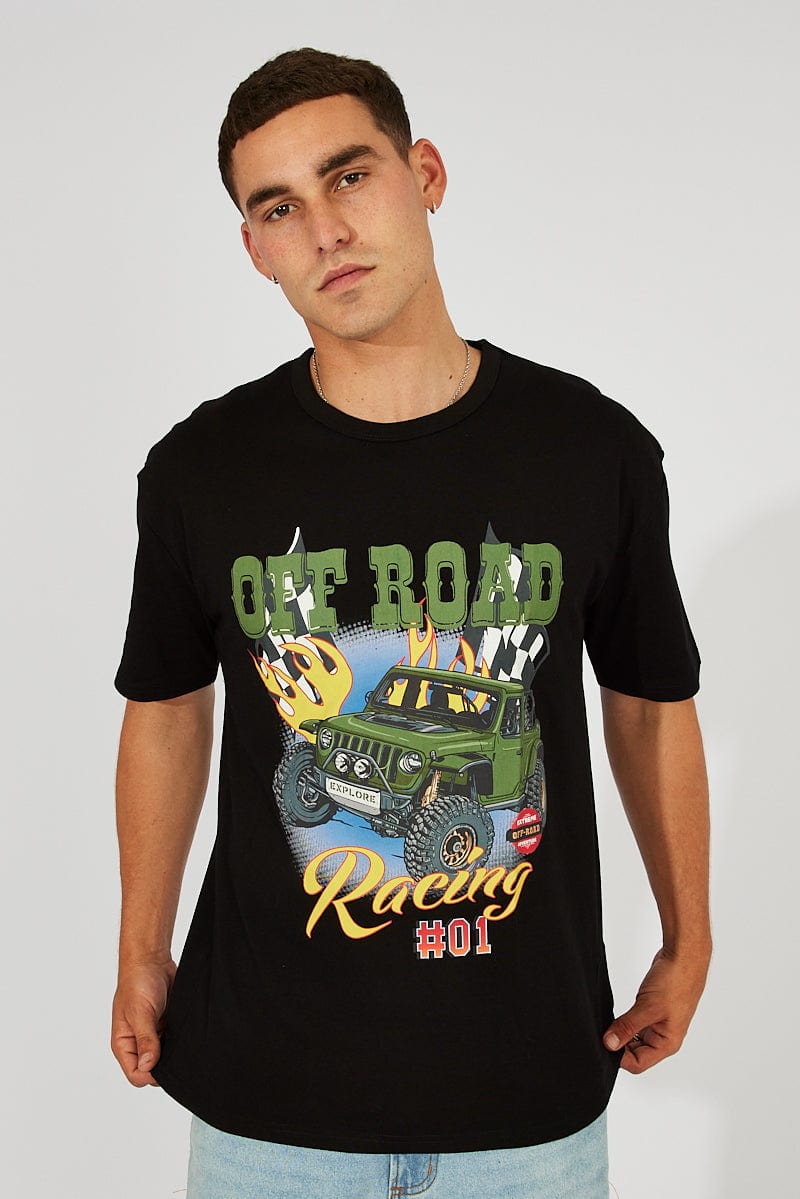 Black Graphic Tee Racing Truck Slogan T-shirt for AM Supply