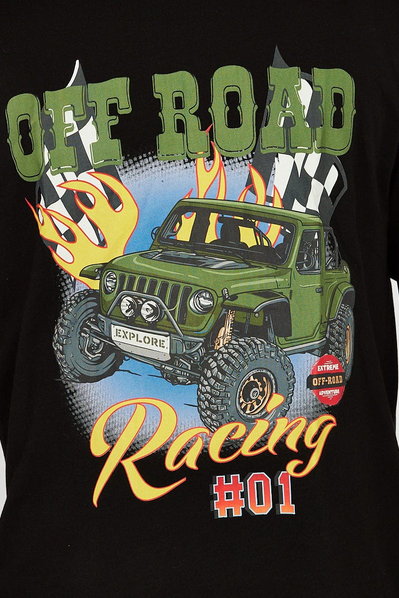 Black Graphic Tee Racing Truck Slogan T-shirt for AM Supply