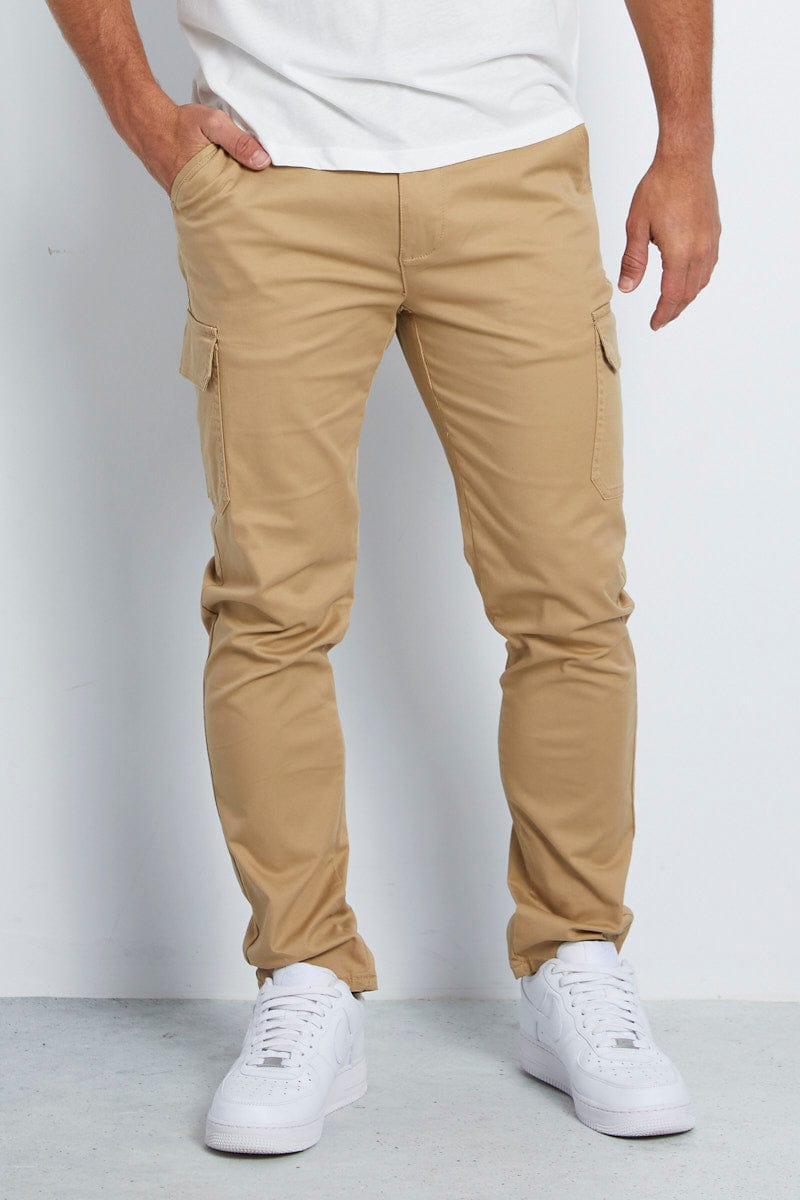 Brown Cargo Pant Pocket Skinny Fit Cotton Stretch