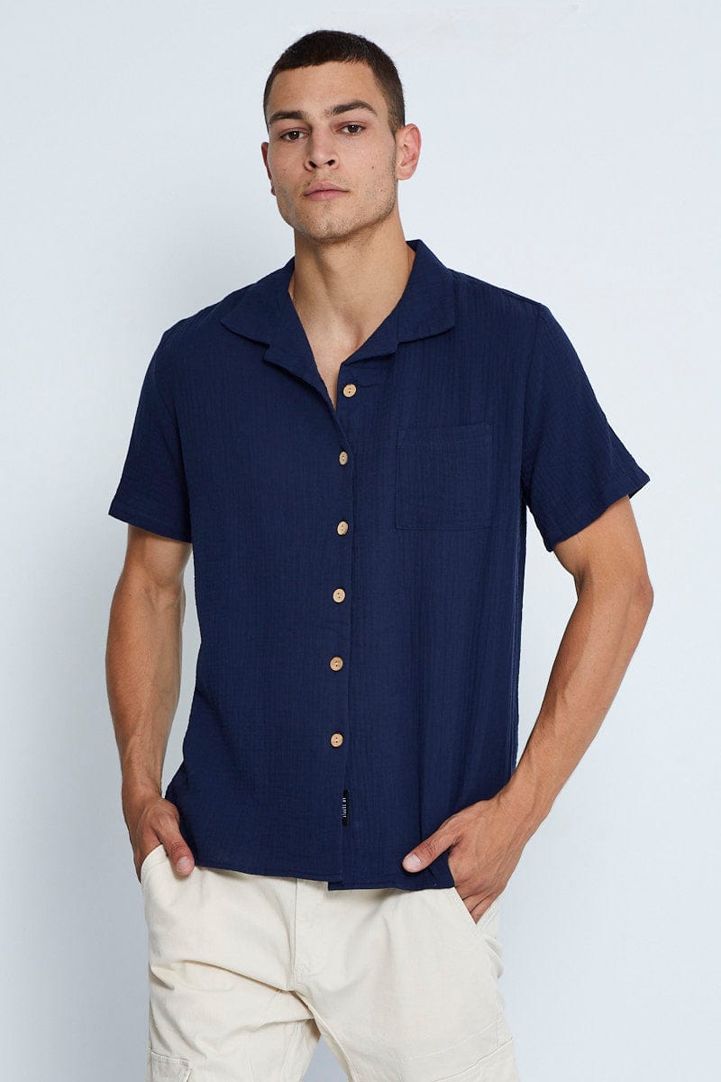 SHORT SLEEVE Blue Short Sleeve Shirt Cotton Textured Resort Collar for Women by Ally