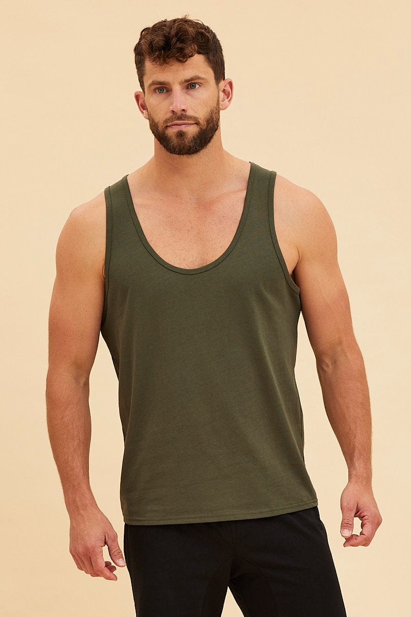 TANK Green Sleeveless Tank Cotton Scoop Neck Relaxed Fit for Women by Ally