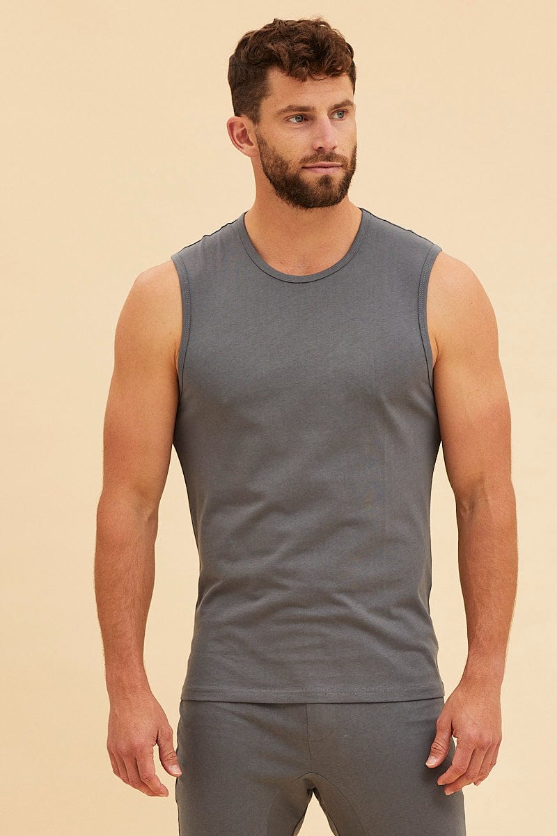 TANK Grey Sleeveless Tank Cotton Relaxed Fit for Women by Ally
